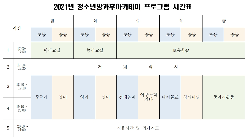 청소년방과후아카데미 프로그램 시간표 (4월)